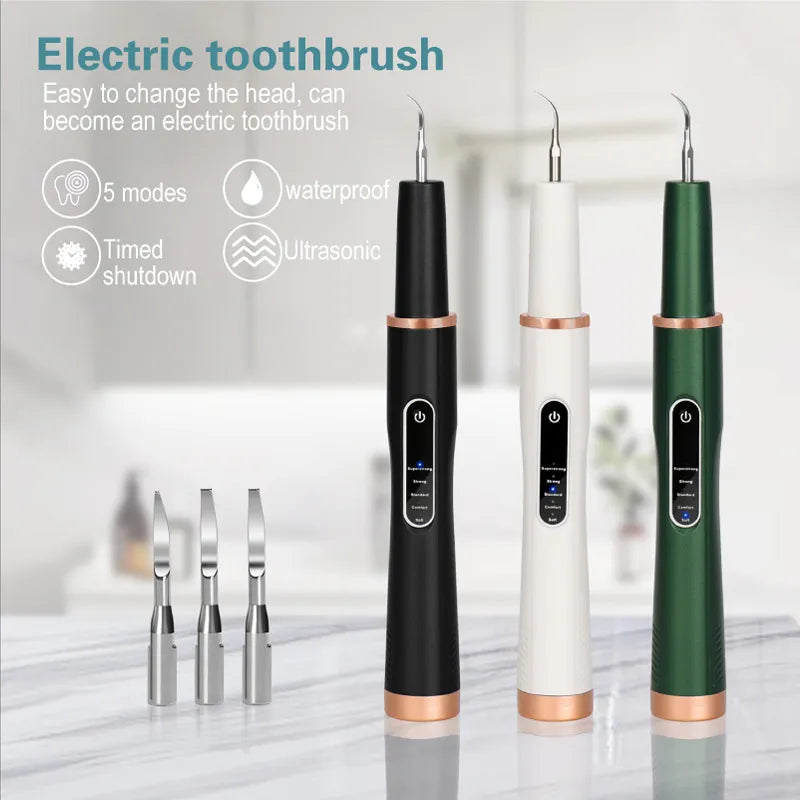 Ultrasonic Tooth Cleaner with stainless steel tips and USB charging cable, designed for effective dental care and stone removal.