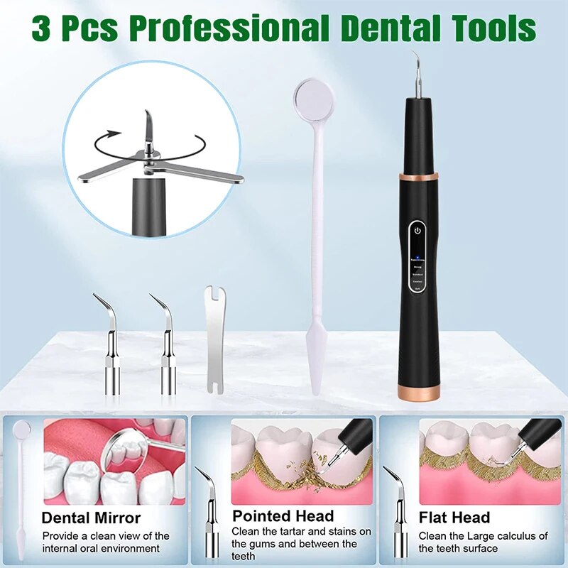 Ultrasonic Tooth Cleaner with stainless steel tips and USB charging cable, designed for effective dental care and stone removal.