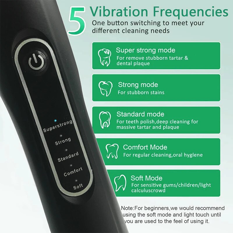 Ultrasonic Tooth Cleaner with stainless steel tips and USB charging cable, designed for effective dental care and stone removal.