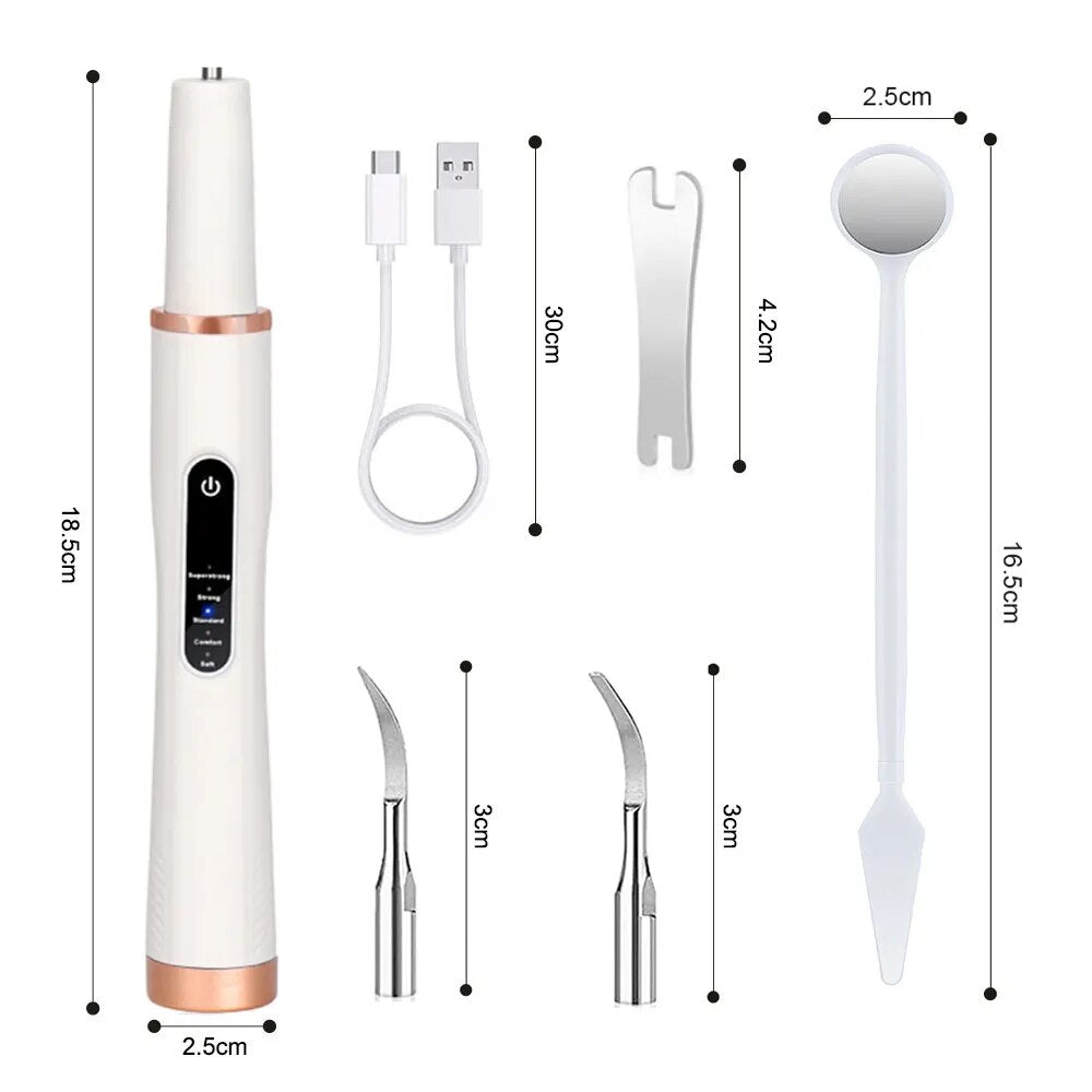 Ultrasonic Tooth Cleaner with stainless steel tips and USB charging cable, designed for effective dental care and stone removal.