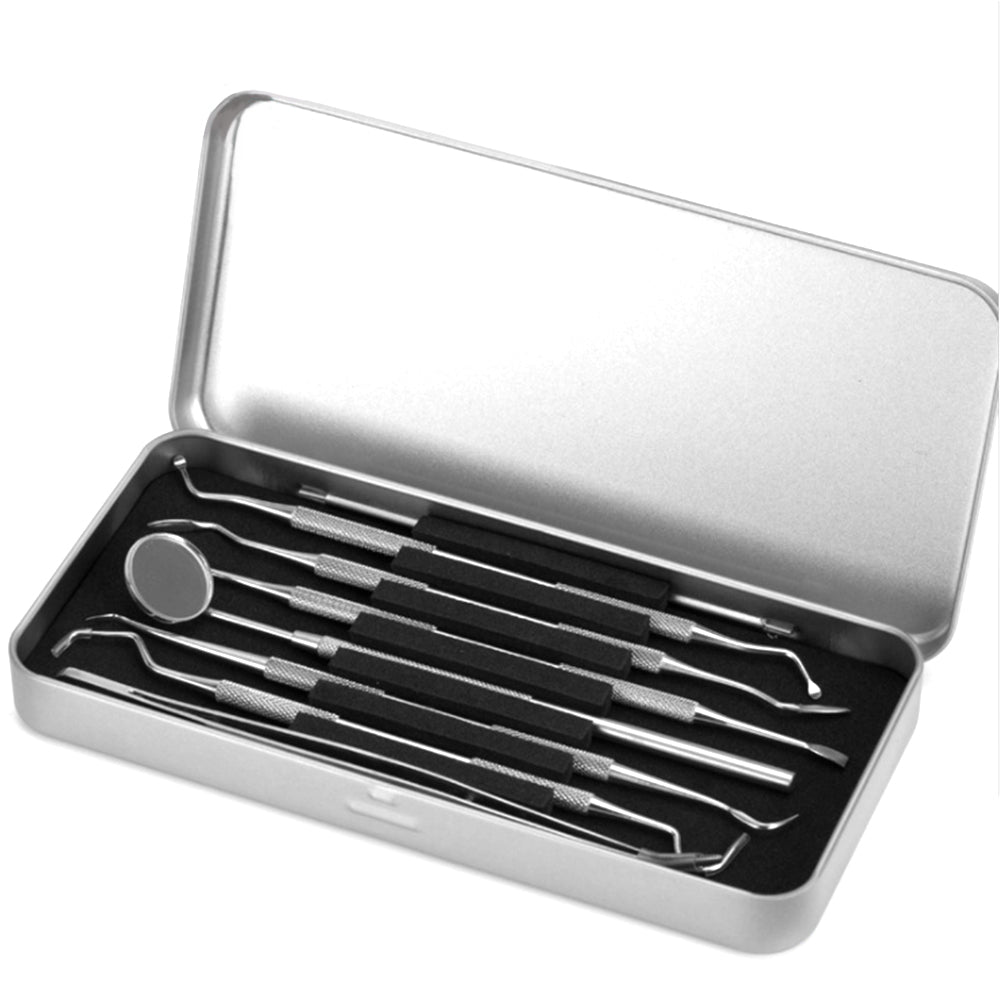 A 7 pack of stainless steel dental pick tools, featuring ergonomic handles and precision tips for effective oral hygiene.