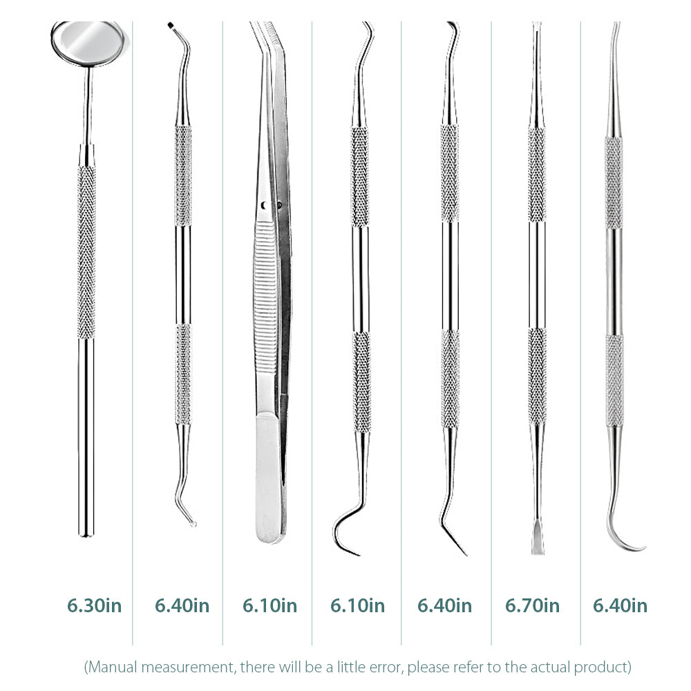 A 7 pack of stainless steel dental pick tools, featuring ergonomic handles and precision tips for effective oral hygiene.