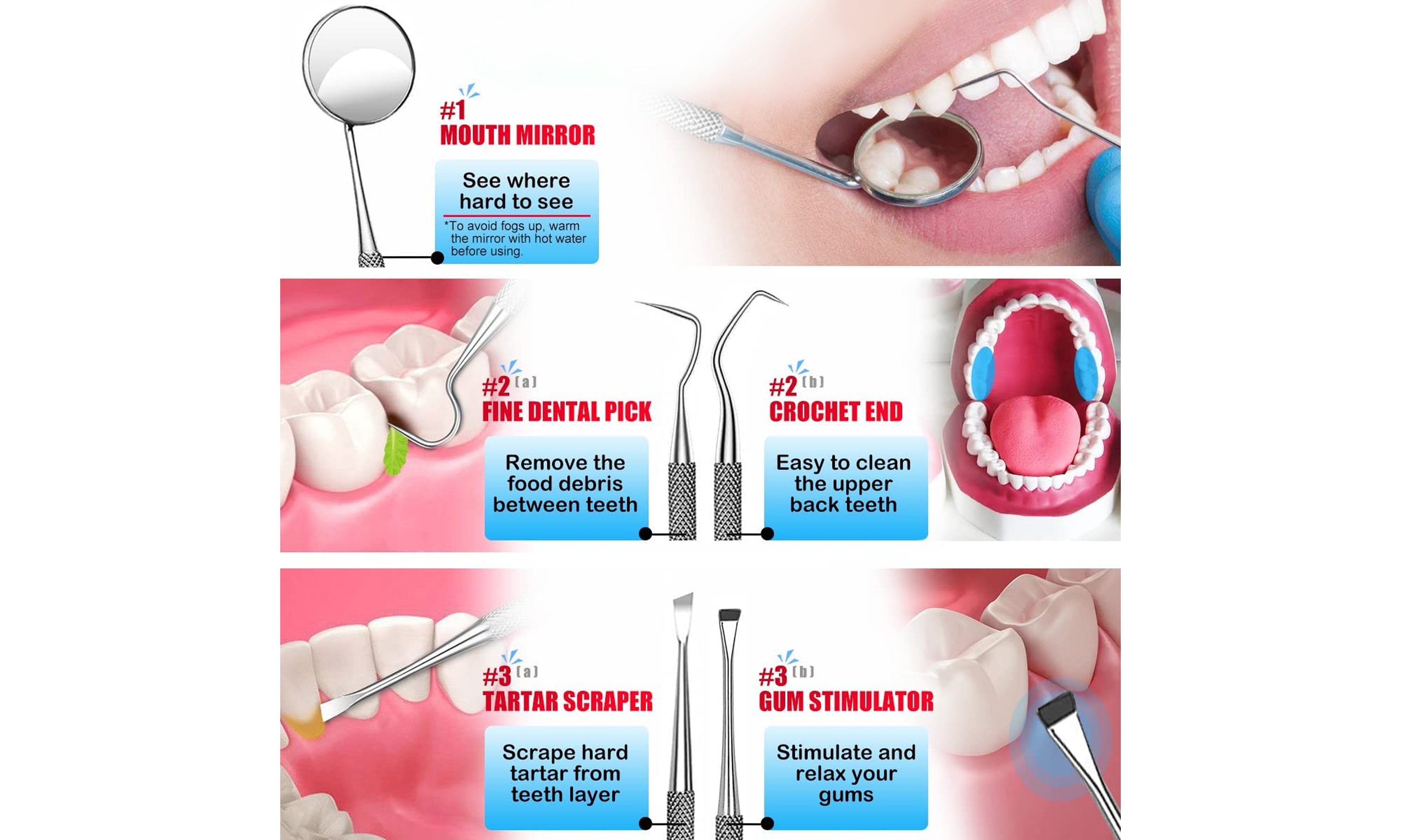 A 7 pack of stainless steel dental pick tools, featuring ergonomic handles and precision tips for effective oral hygiene.