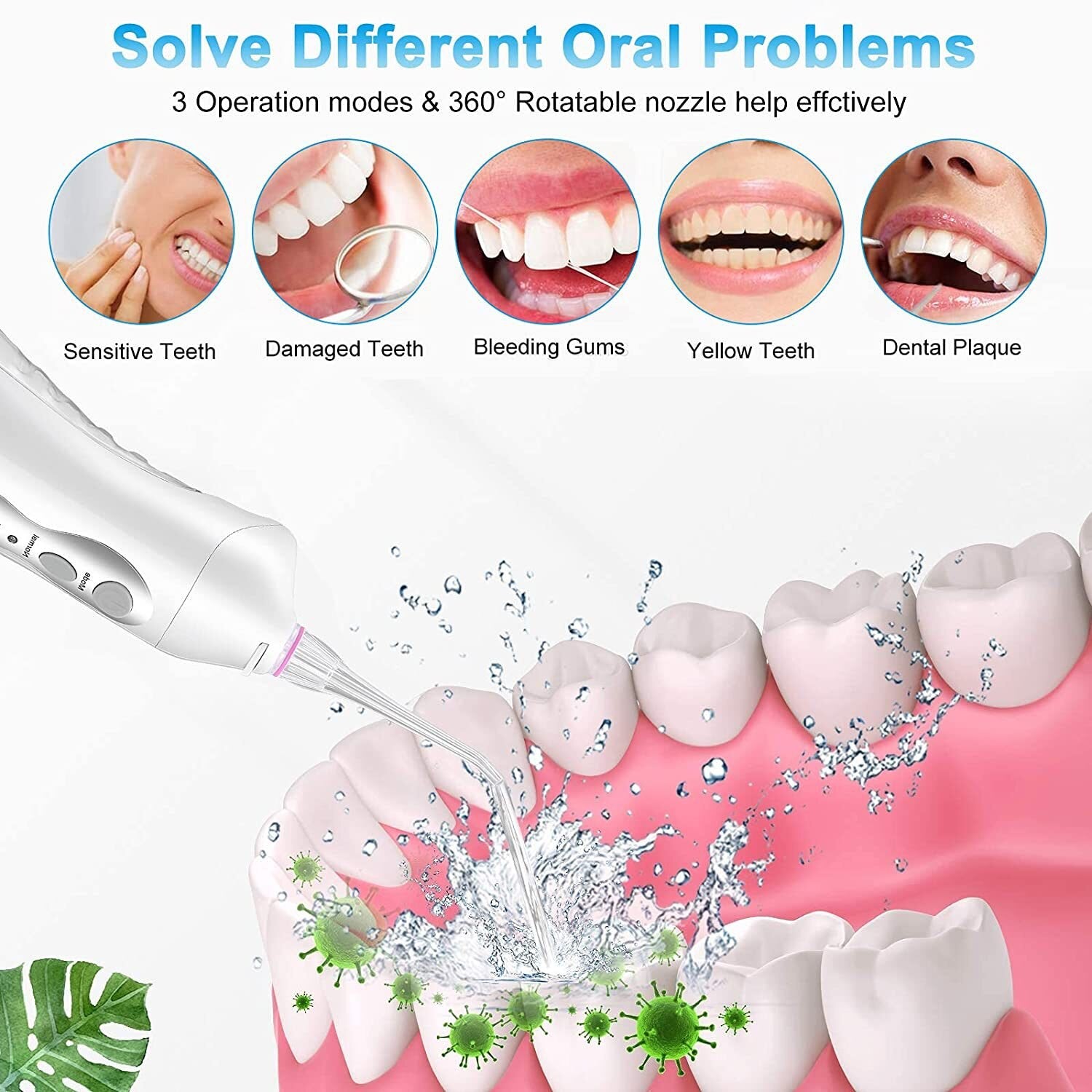 Rechargeable portable dental water jet oral irrigator with multiple nozzles and USB charging cable.