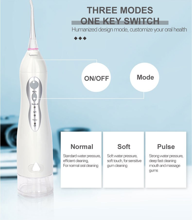 Rechargeable portable dental water jet oral irrigator with multiple nozzles and USB charging cable.