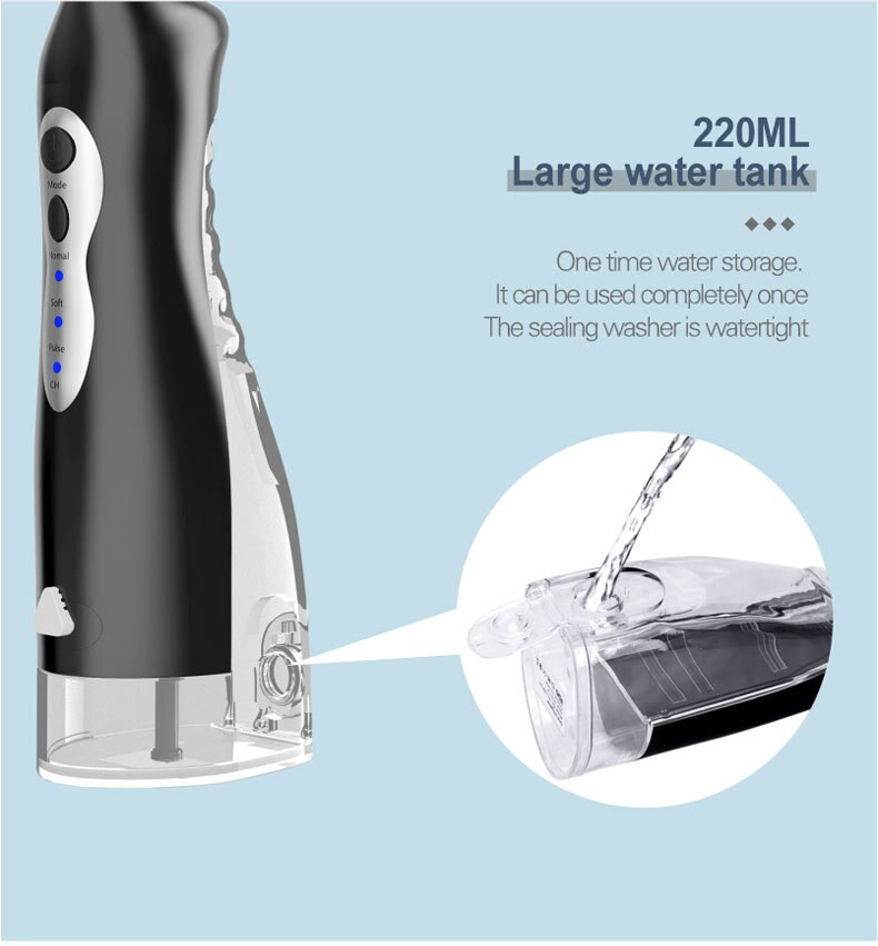 Rechargeable portable dental water jet oral irrigator with multiple nozzles and USB charging cable.