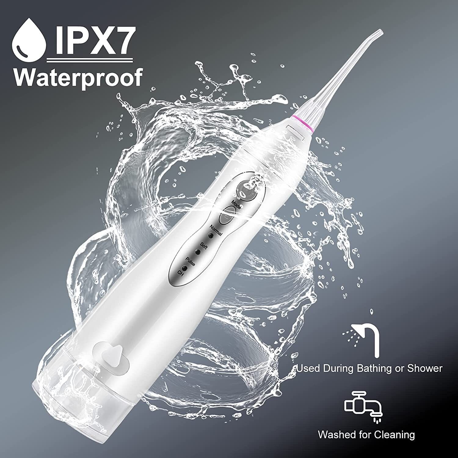 Rechargeable portable dental water jet oral irrigator with multiple nozzles and USB charging cable.