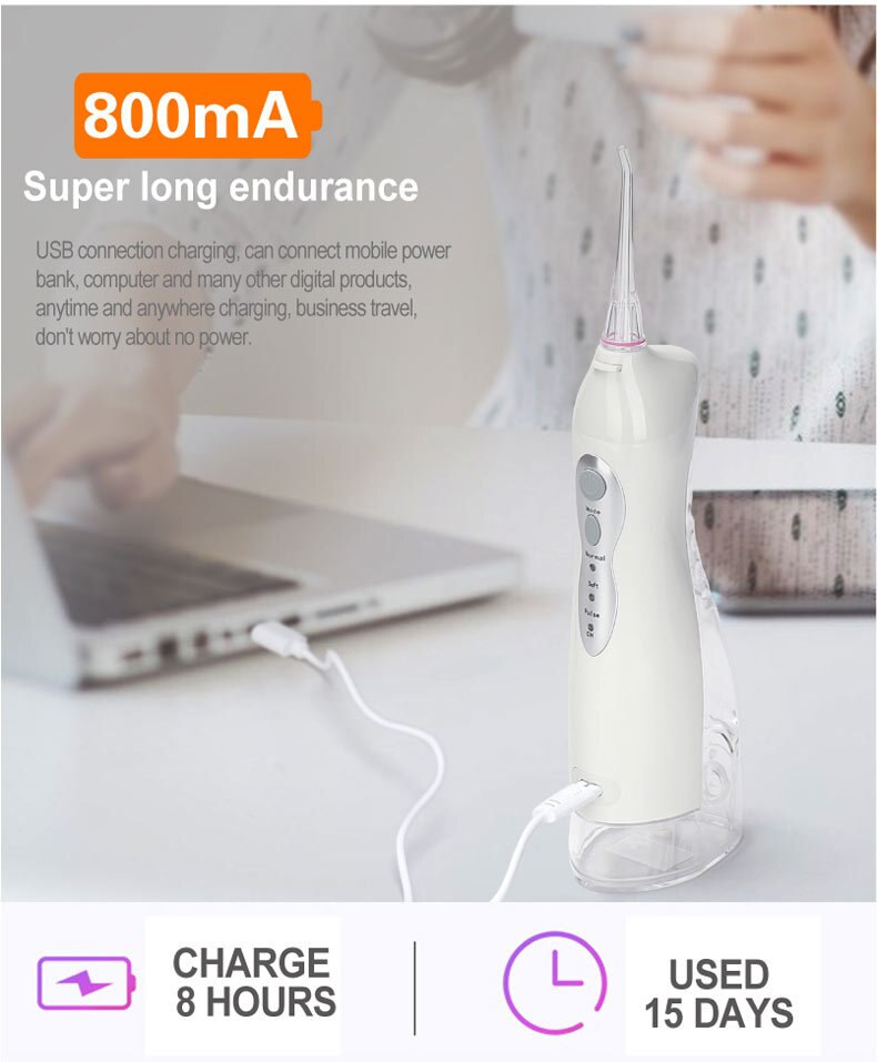 Rechargeable portable dental water jet oral irrigator with multiple nozzles and USB charging cable.