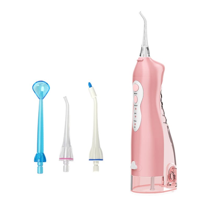 Rechargeable portable dental water jet oral irrigator with multiple nozzles and USB charging cable.