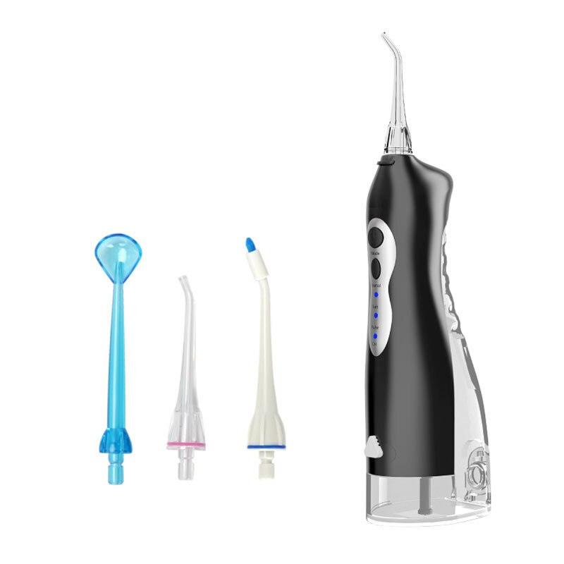 Rechargeable portable dental water jet oral irrigator with multiple nozzles and USB charging cable.