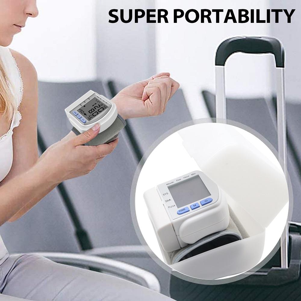 Digital Wrist Blood Pressure Monitor with LCD display, measuring arterial pressure and pulse rate, designed for home and portable use.