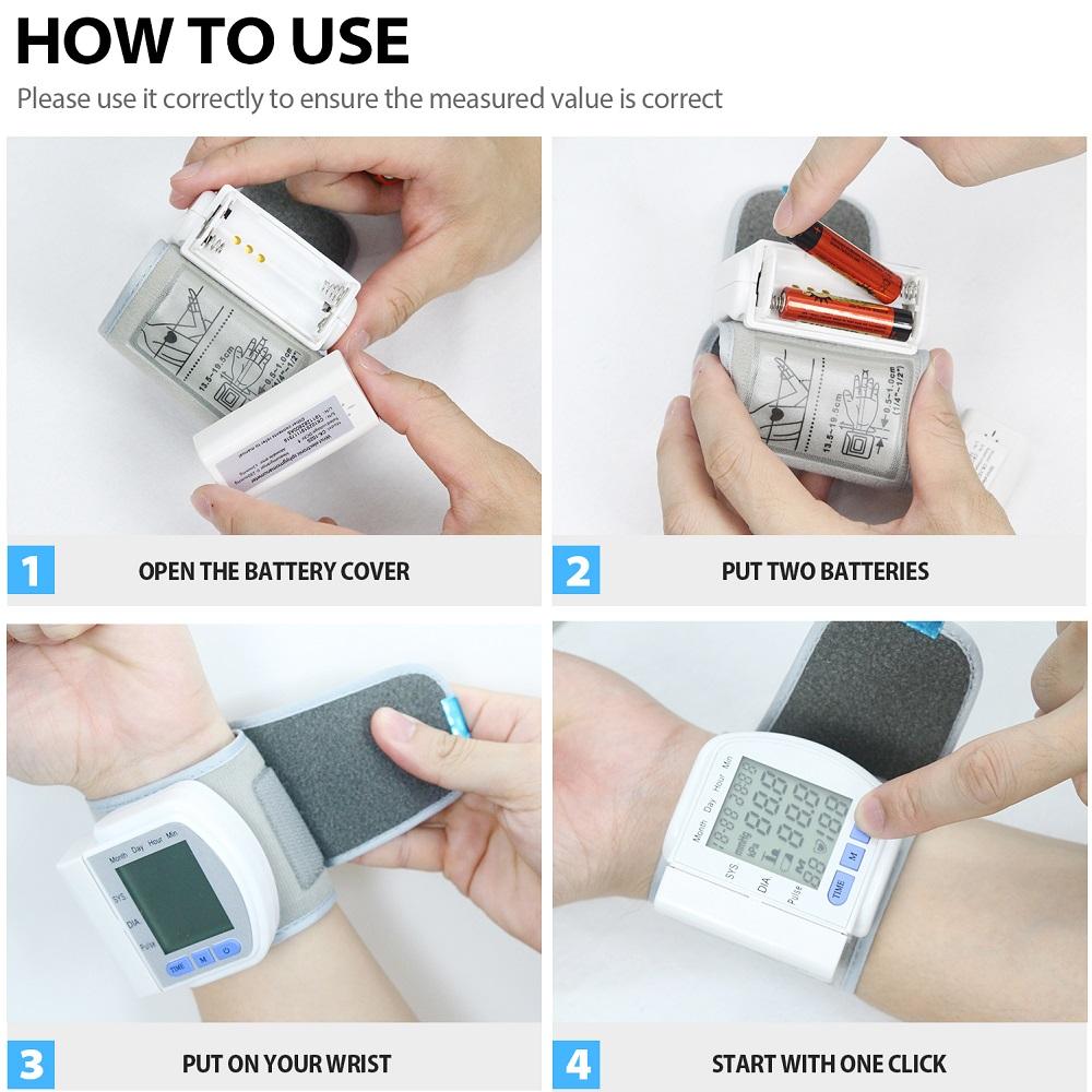 Digital Wrist Blood Pressure Monitor with LCD display, measuring arterial pressure and pulse rate, designed for home and portable use.