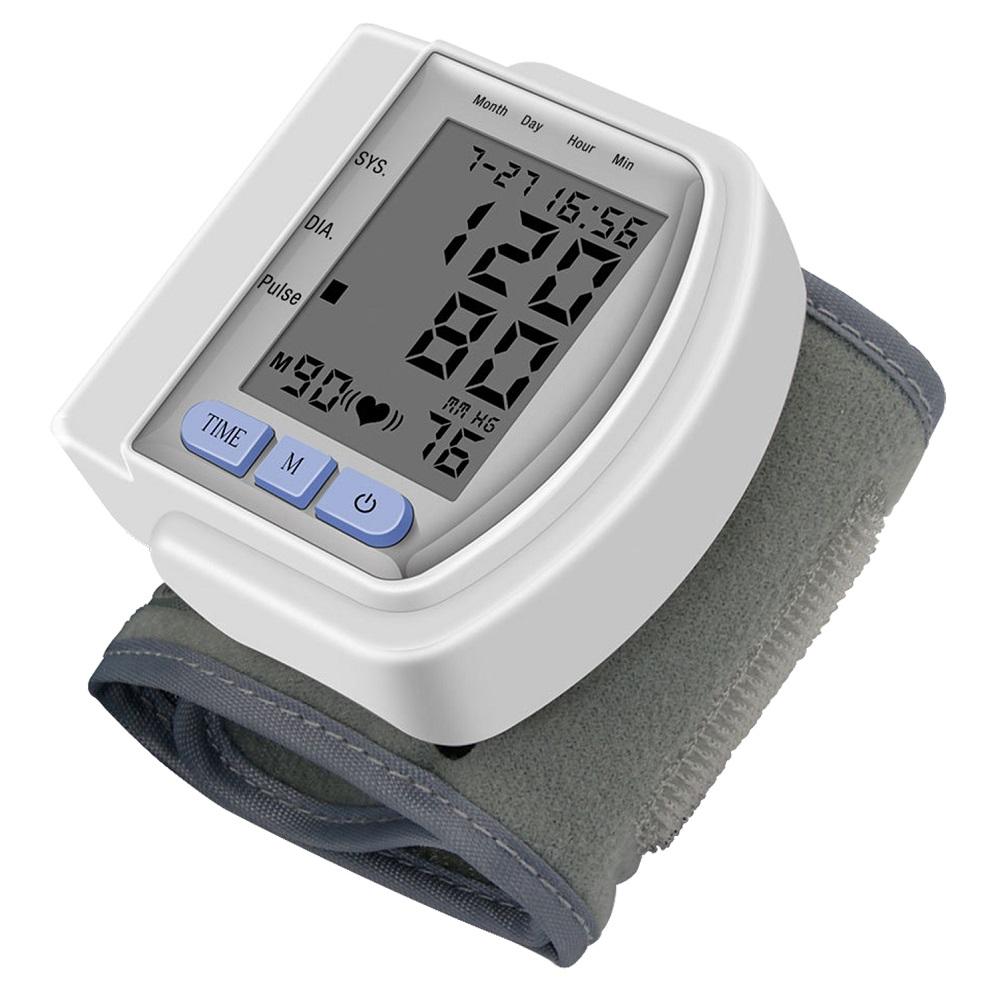 Digital Wrist Blood Pressure Monitor with LCD display, measuring arterial pressure and pulse rate, designed for home and portable use.