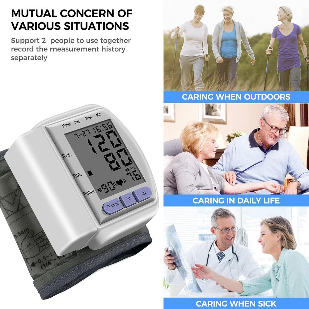 Digital Wrist Blood Pressure Monitor with LCD display, measuring arterial pressure and pulse rate, designed for home and portable use.