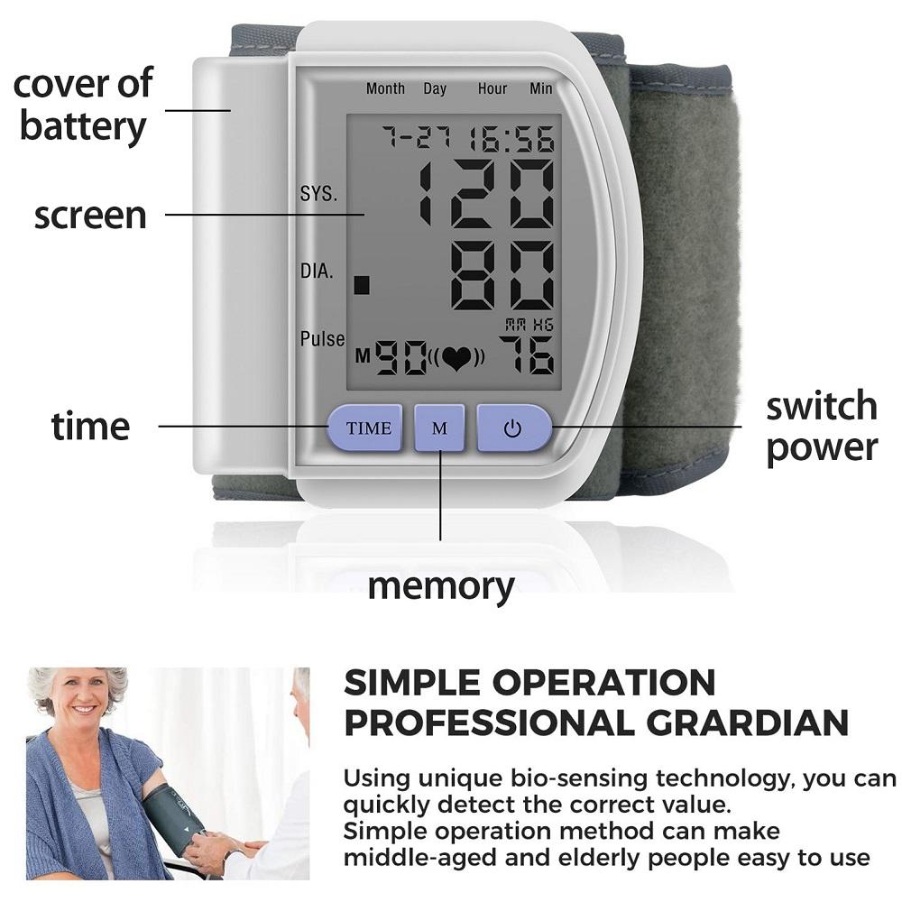 Digital Wrist Blood Pressure Monitor with LCD display, measuring arterial pressure and pulse rate, designed for home and portable use.