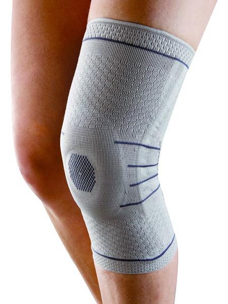 Elastic Knee Cap with silicone inserts, designed for patellar stabilization and comfort, featuring breathable fabric and lateral spiral stays.