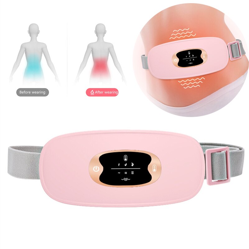 Electric Abdominal Heating Massager in pink, designed for soothing warmth and relief from menstrual pain, featuring USB charging and adjustable settings.