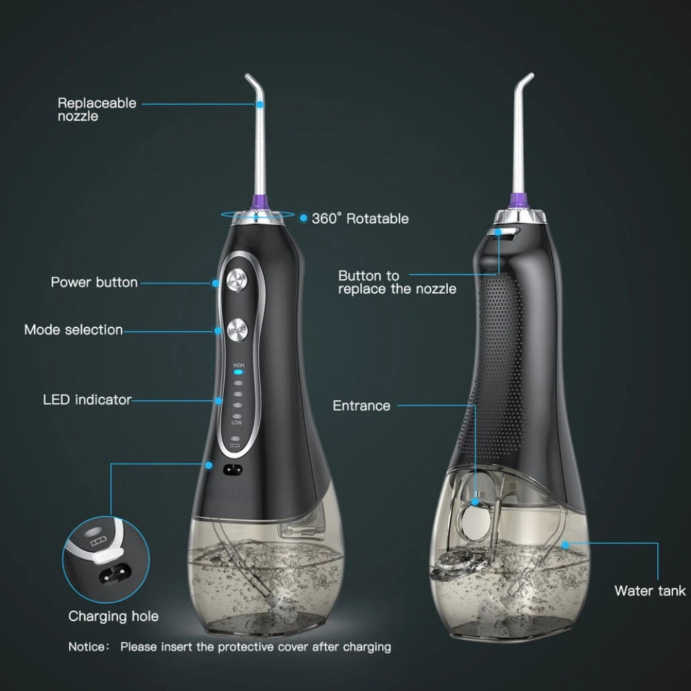 Electric Dental Flusher with multiple nozzle heads and USB charging cable, designed for portable oral hygiene.