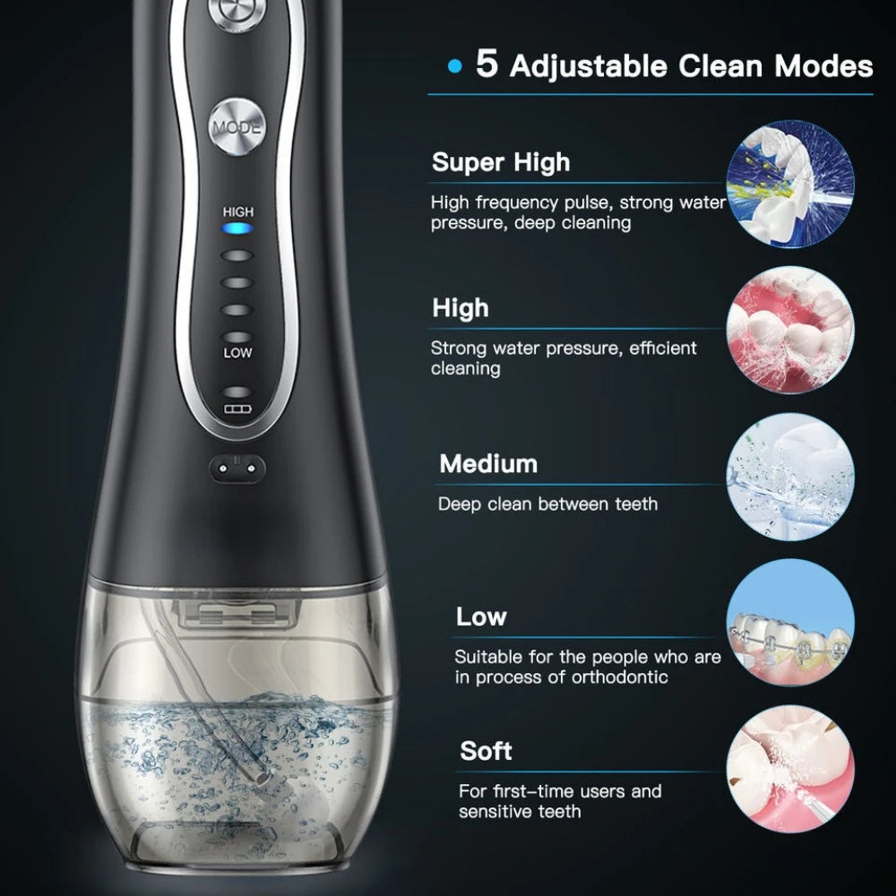 Electric Dental Flusher with multiple nozzle heads and USB charging cable, designed for portable oral hygiene.