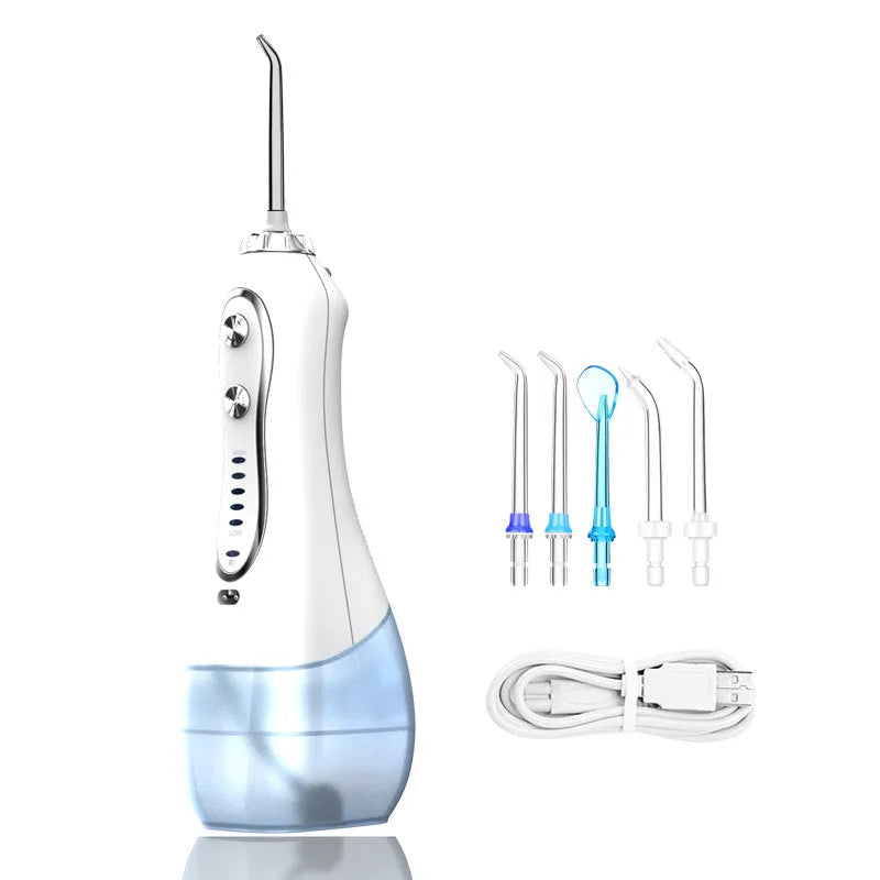 Electric Dental Flusher with multiple nozzle heads and USB charging cable, designed for portable oral hygiene.