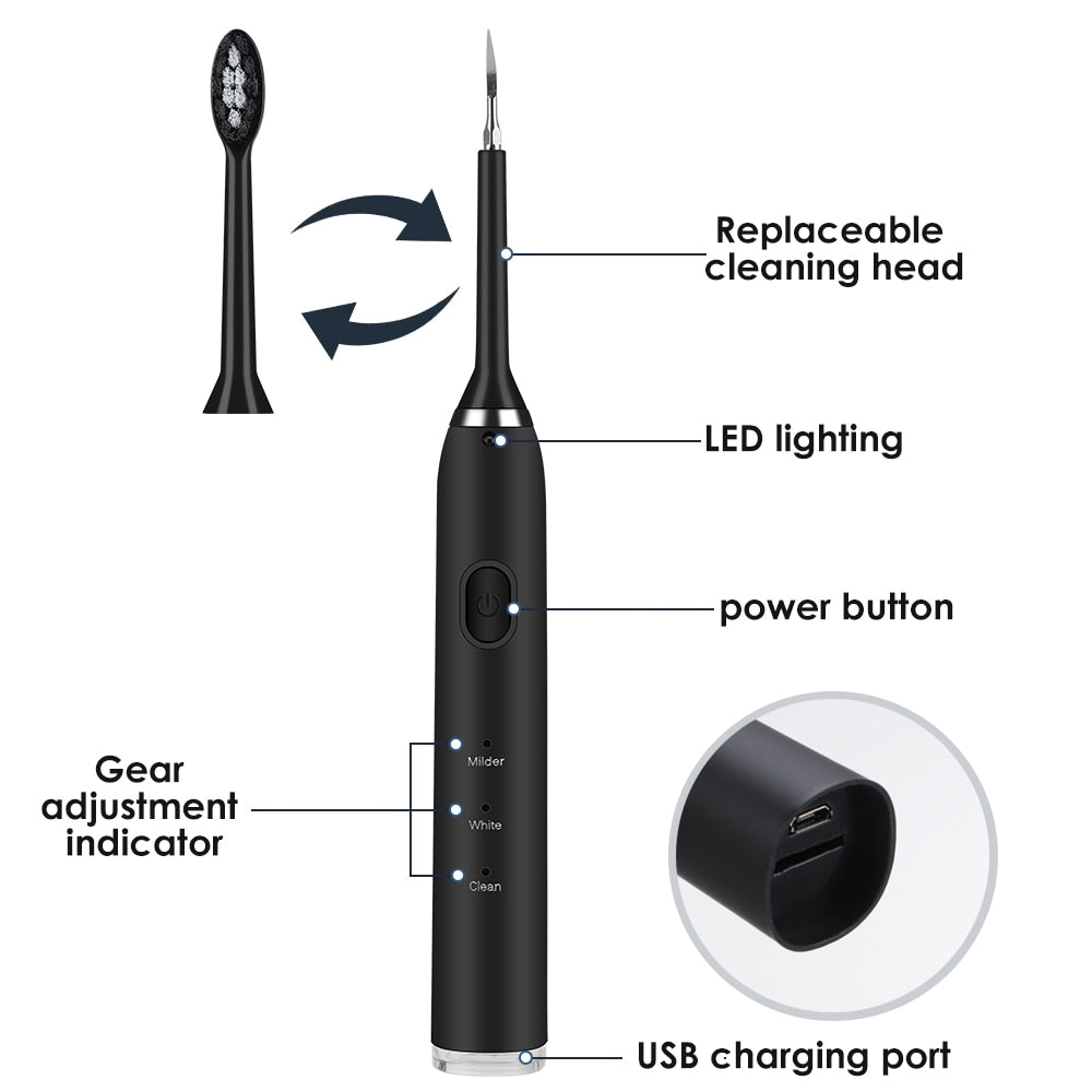 Electric Dental Scaler Teeth Whitening Device with multiple brush heads and USB charging cable, designed for effective teeth cleaning.