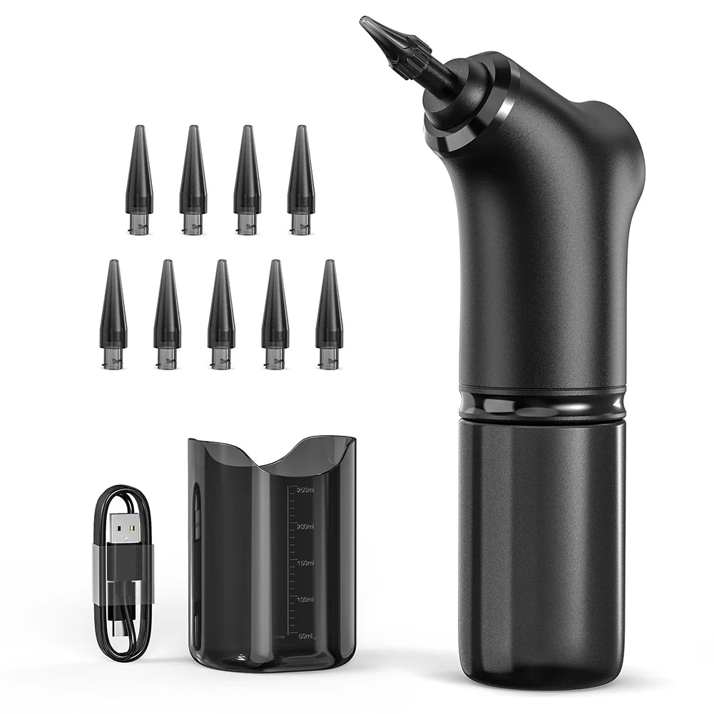 Electric Ear Cleaner Kit featuring a sleek black design, multiple nozzle attachments, and a water bottle for ear wax removal.