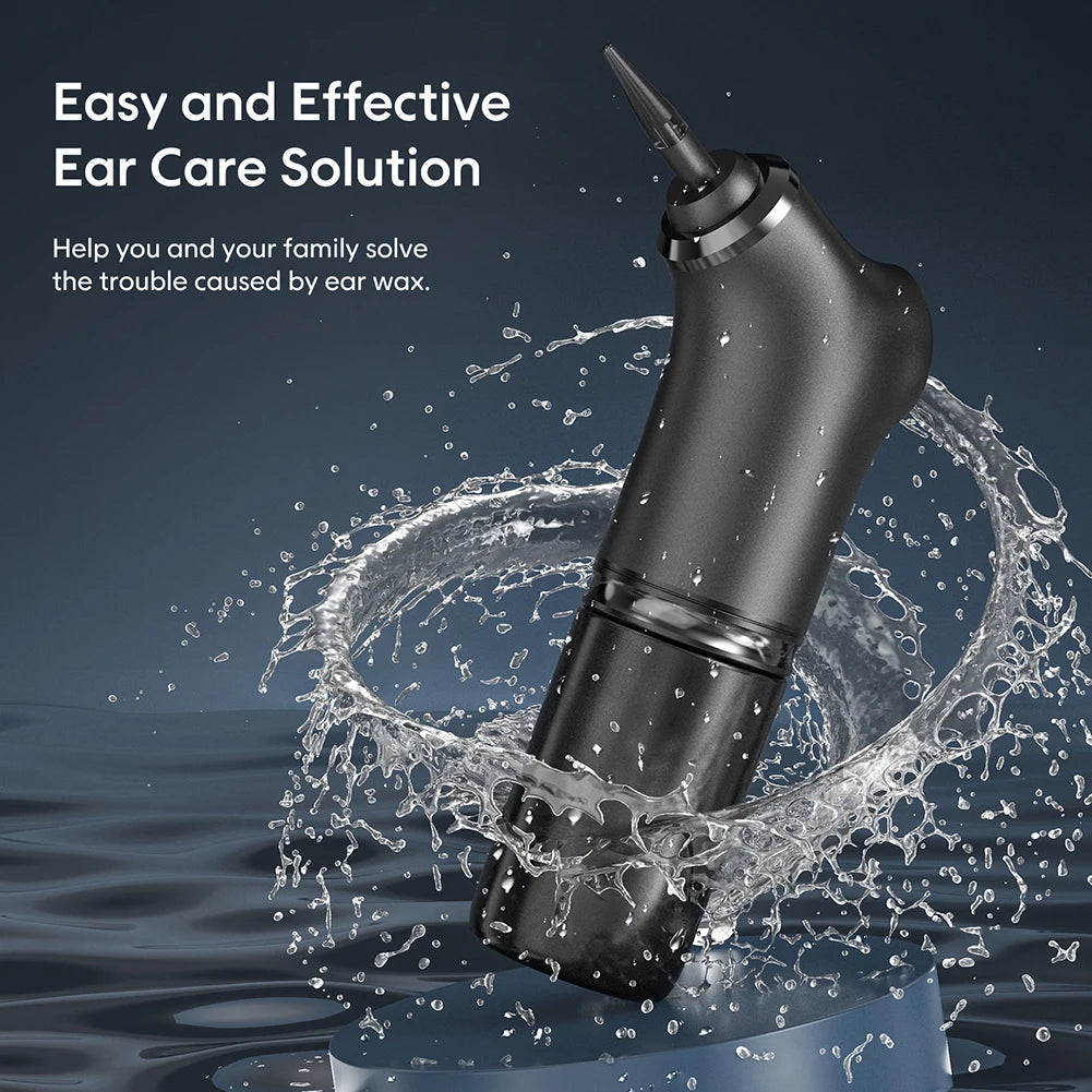 Electric Ear Cleaner Kit featuring a sleek black design, multiple nozzle attachments, and a water bottle for ear wax removal.