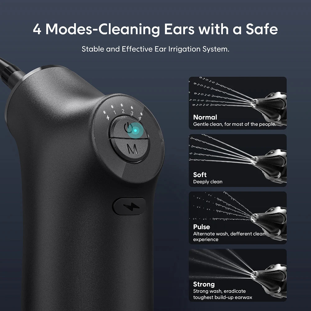 Electric Ear Cleaner Kit featuring a sleek black design, multiple nozzle attachments, and a water bottle for ear wax removal.