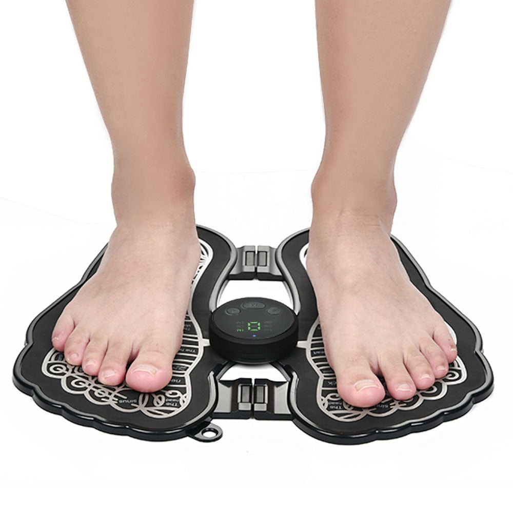 Electric EMS Foot Massager Pad in black, showcasing its foldable design and control buttons for adjustable massage settings.