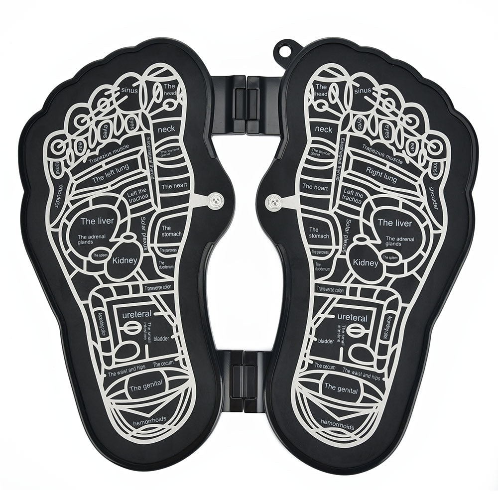 Electric EMS Foot Massager Pad in black, showcasing its foldable design and control buttons for adjustable massage settings.