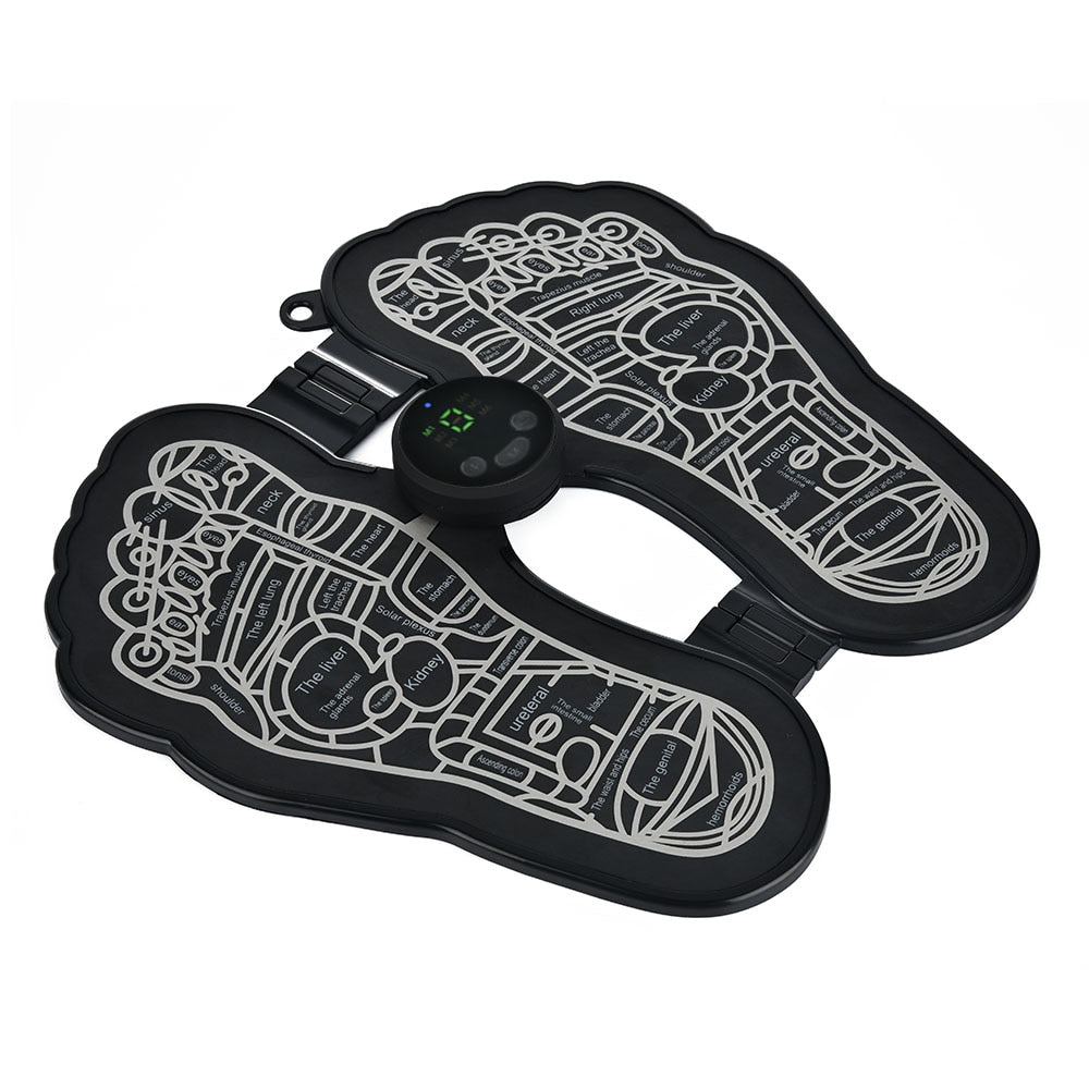 Electric EMS Foot Massager Pad in black, showcasing its foldable design and control buttons for adjustable massage settings.