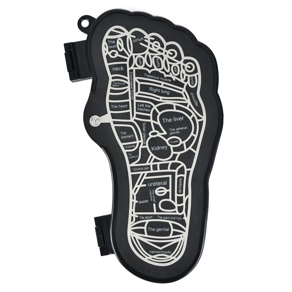 Electric EMS Foot Massager Pad in black, showcasing its foldable design and control buttons for adjustable massage settings.