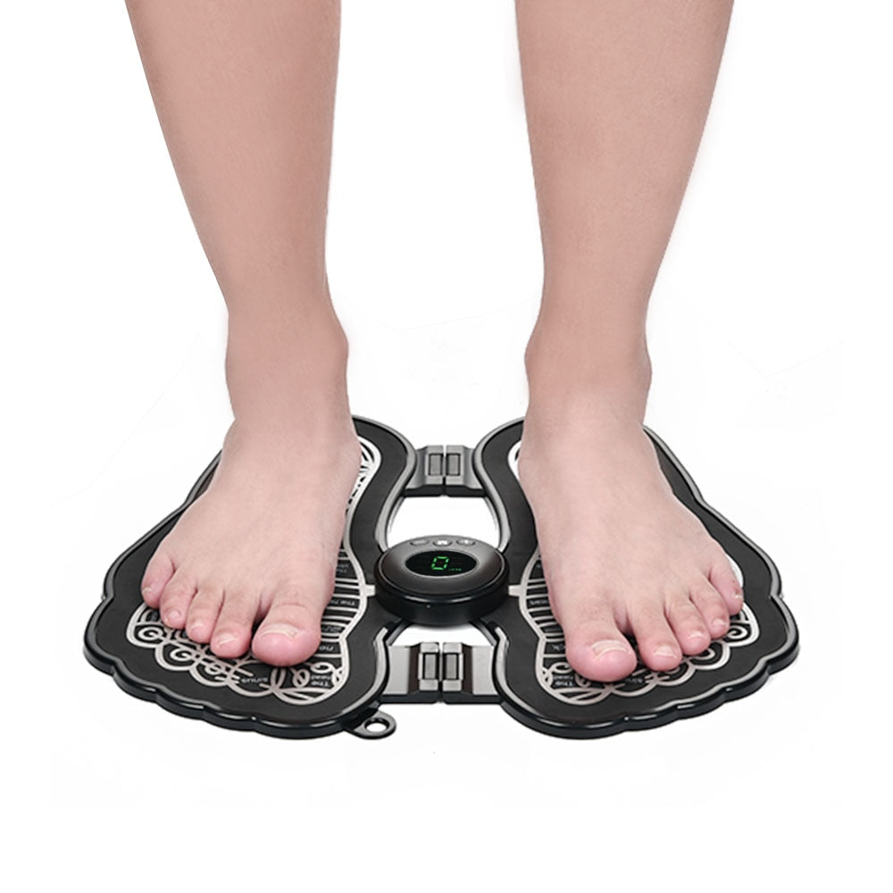 Electric EMS Foot Massager Pad in black, showcasing its foldable design and control buttons for adjustable massage settings.