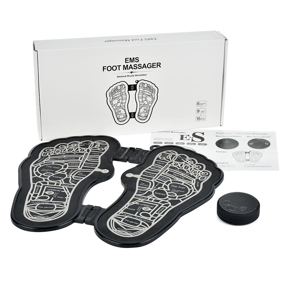 Electric EMS Foot Massager Pad in black, showcasing its foldable design and control buttons for adjustable massage settings.