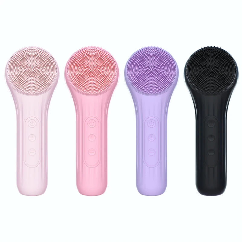 Electric Face Cleaner Sonic Silicone Facial Cleansing Brush in pink color with bamboo charcoal bristles, showcasing its sleek design and USB charging port.