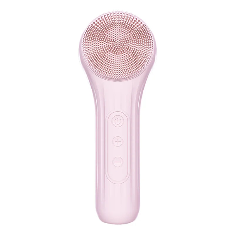 Electric Face Cleaner Sonic Silicone Facial Cleansing Brush in pink color with bamboo charcoal bristles, showcasing its sleek design and USB charging port.