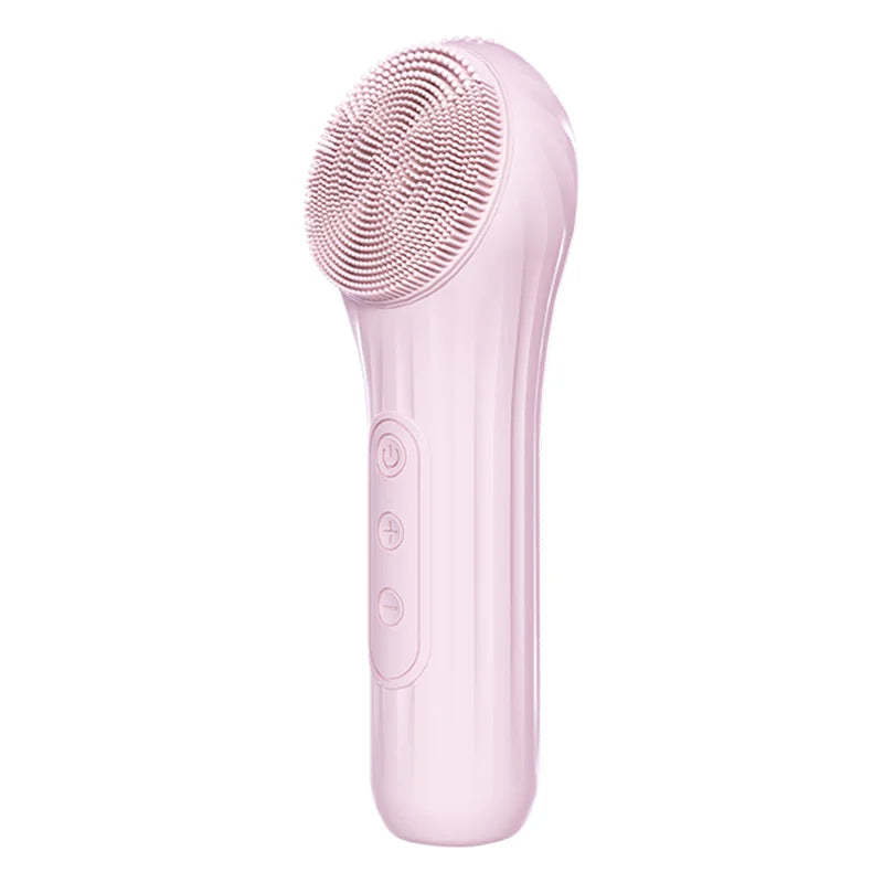 Electric Face Cleaner Sonic Silicone Facial Cleansing Brush in pink color with bamboo charcoal bristles, showcasing its sleek design and USB charging port.