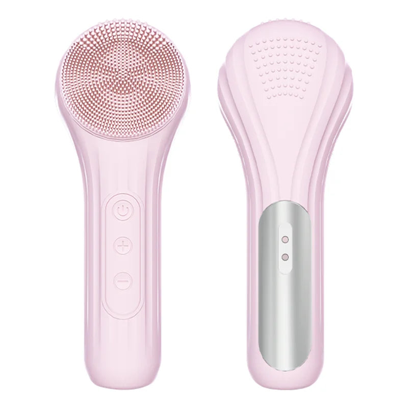 Electric Face Cleaner Sonic Silicone Facial Cleansing Brush in pink color with bamboo charcoal bristles, showcasing its sleek design and USB charging port.