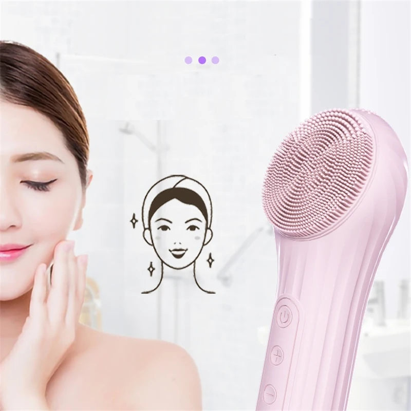 Electric Face Cleaner Sonic Silicone Facial Cleansing Brush in pink color with bamboo charcoal bristles, showcasing its sleek design and USB charging port.