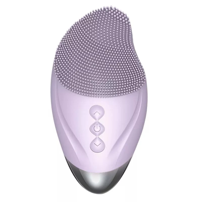 Electric Face Cleanser with silicone brush head, ergonomic design, and USB charging cable, ideal for deep cleansing and facial massage.