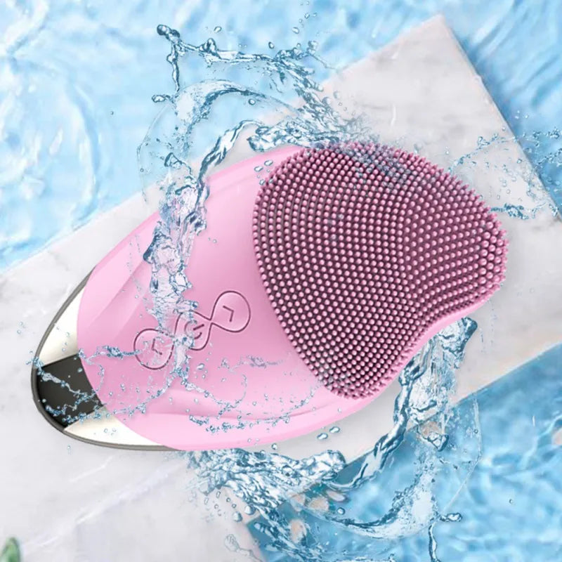 Electric Face Cleanser with silicone brush head, ergonomic design, and USB charging cable, ideal for deep cleansing and facial massage.