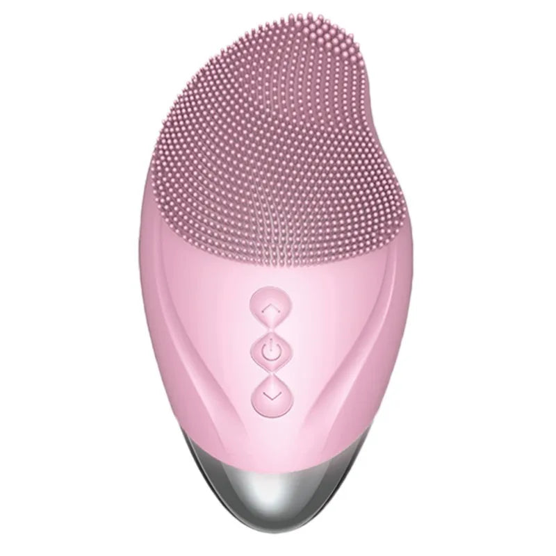 Electric Face Cleanser with silicone brush head, ergonomic design, and USB charging cable, ideal for deep cleansing and facial massage.