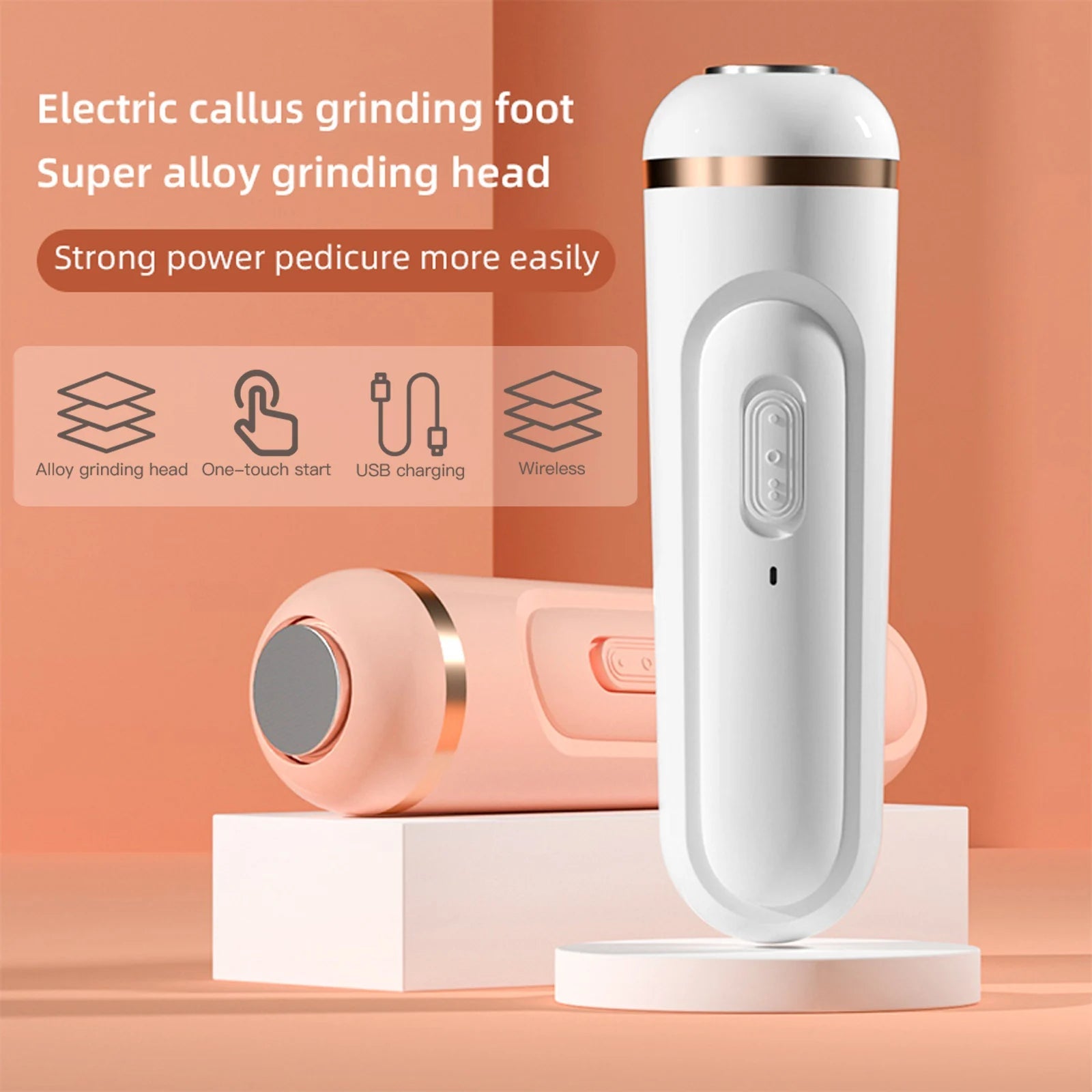 Electric Foot Grinder with three grinding heads and charging cable, designed for removing calluses and dead skin from feet.