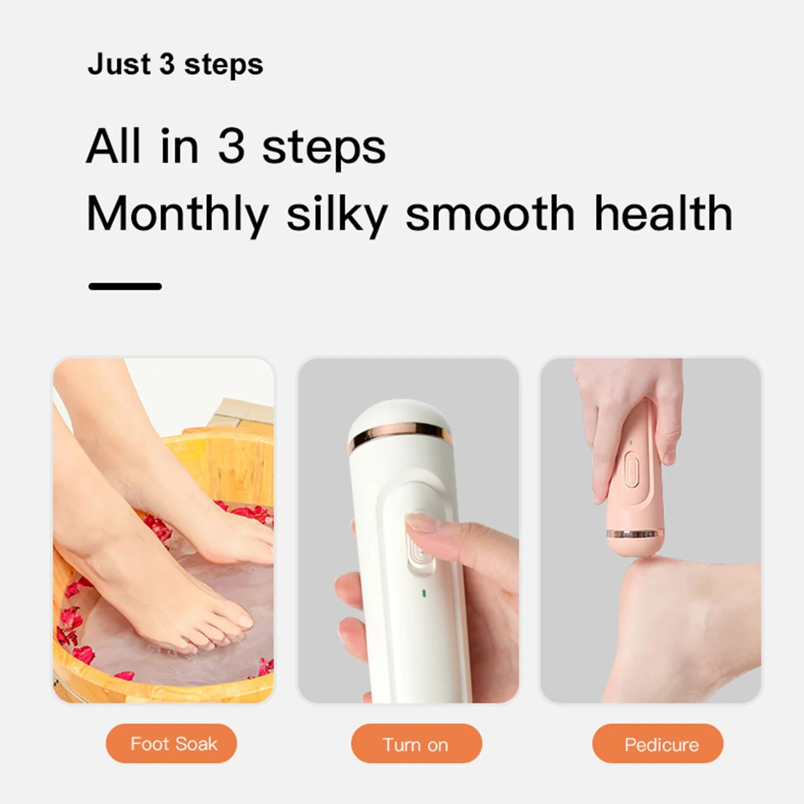 Electric Foot Grinder with three grinding heads and charging cable, designed for removing calluses and dead skin from feet.