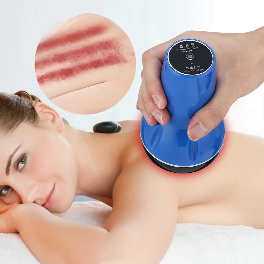 Electric Guasha Massager in blue color, showcasing its ergonomic design and features for body slimming and relaxation.