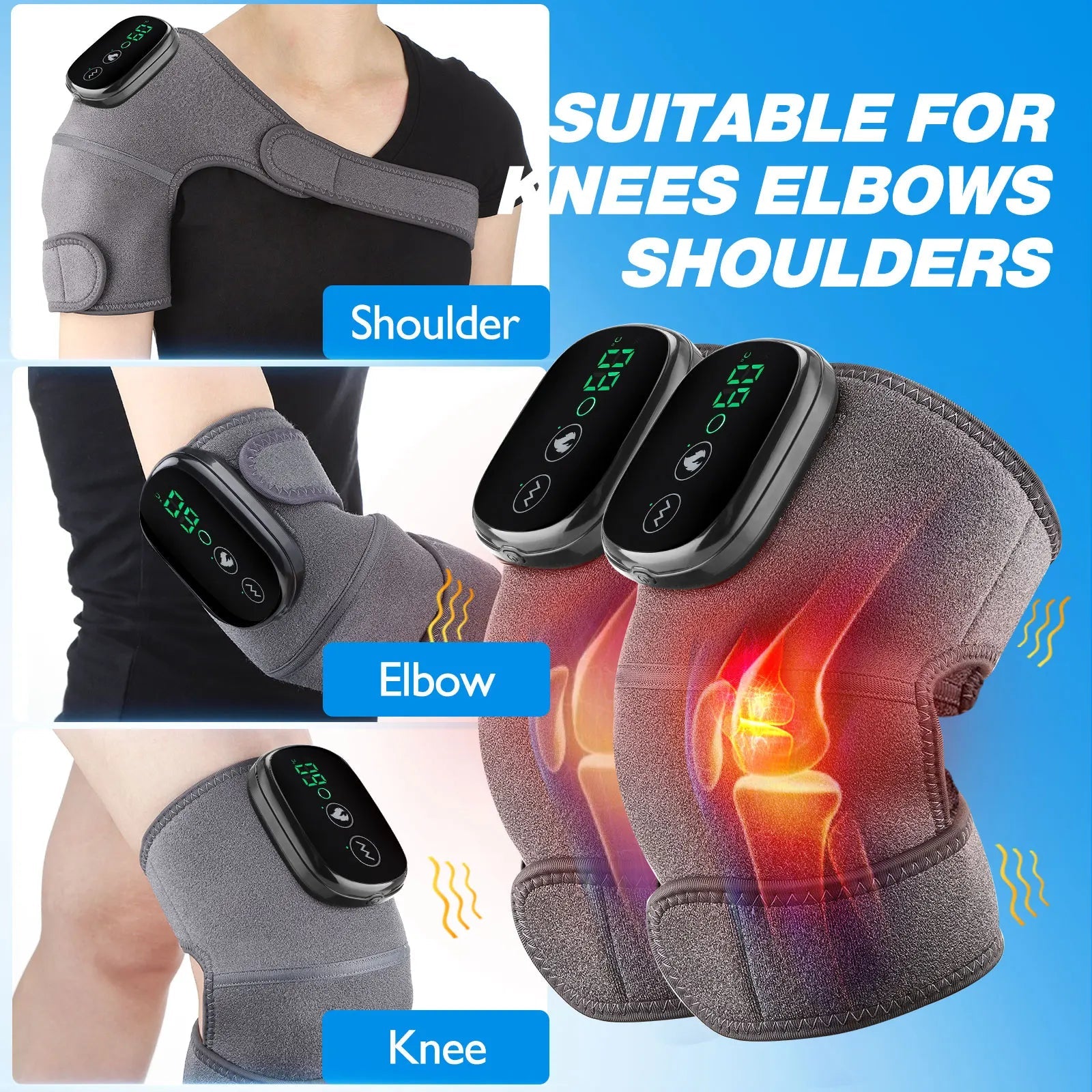 Electric Heating Knee Massager featuring far infrared technology, designed for pain relief and comfort with a digital display controller.