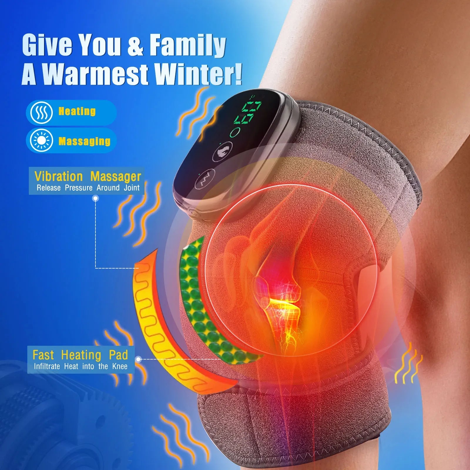 Electric Heating Knee Massager featuring far infrared technology, designed for pain relief and comfort with a digital display controller.