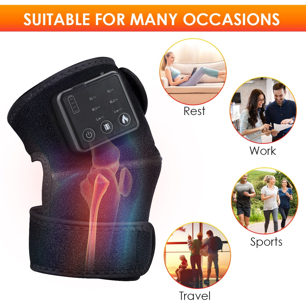 Electric Infrared Heating Knee Massager in black, designed for arthritis relief with adjustable settings and USB charging.