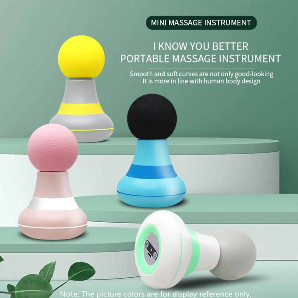 Electric Mini Handheld Massage Gun in various colors, showcasing its compact design and USB charging feature.