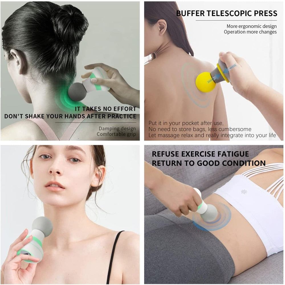 Electric Mini Handheld Massage Gun in various colors, showcasing its compact design and USB charging feature.